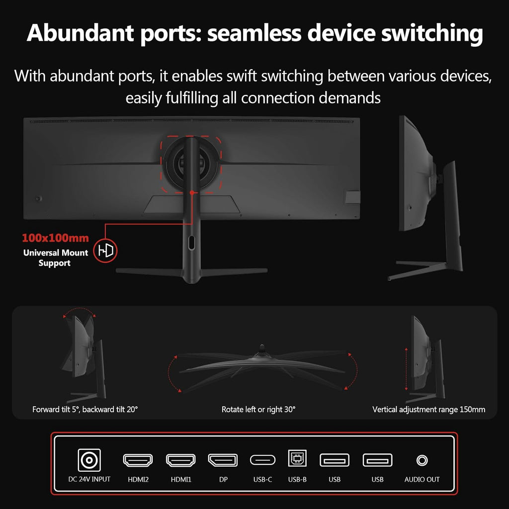 5K Monitor, Z-Edge 49 inch IPS Curved Gaming Monitor, DQHD 5120x1440 Computer Monitor,144Hz, 32:9 Ultrawide, 1ms MPRT, 400 cd/m², 10bit, UG49W HDMI*2, DP*1, USB-C, PIP/PBP, Adjustable Stand