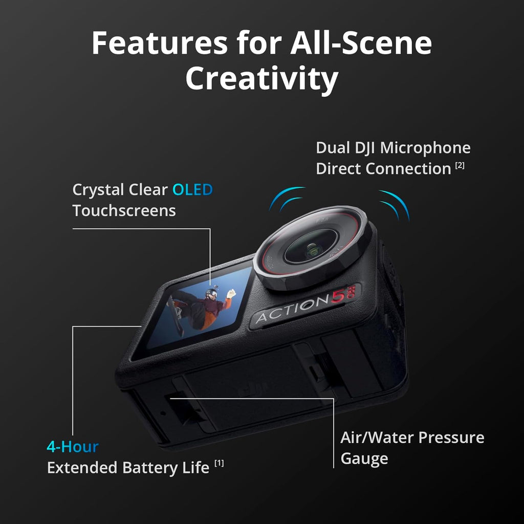 DJI Osmo Action 5 Pro Essential Combo, Waterproof Action Camera with 1/1.3' Sensor, 4K/120fps Video, Subject Tracking, Stabilization, Dual OLED Touchscreens, 47GB Built-in Storage, Vlogging Camera
