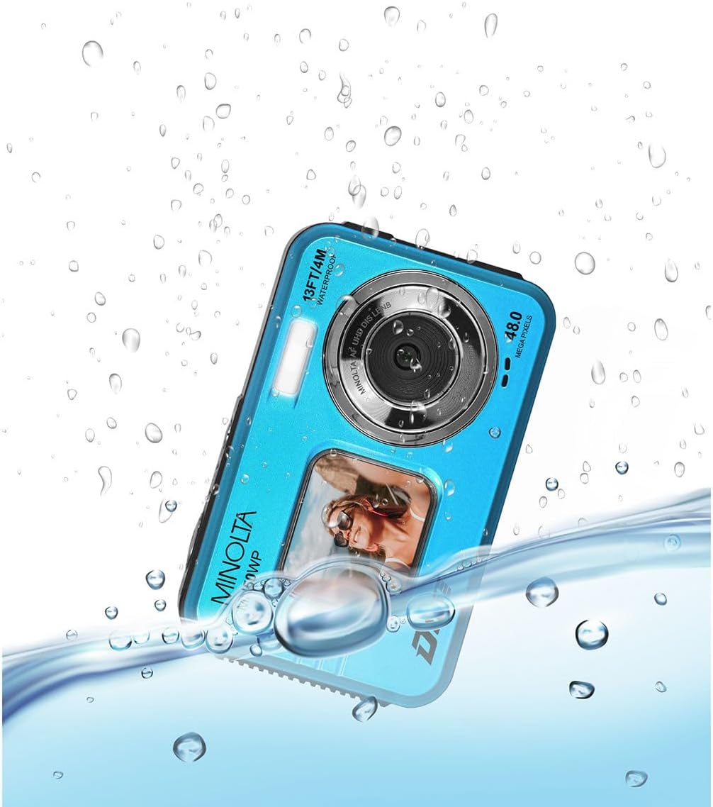 Minolta 48MP Underwater Digital Camera – 5K Ultra HD Video, Autofocus, 16x Digital Zoom, Dual LCD Screens, Selfie Front Screen, Waterproof to 13ft, Rechargeable Battery, 32GB Card (Blue)