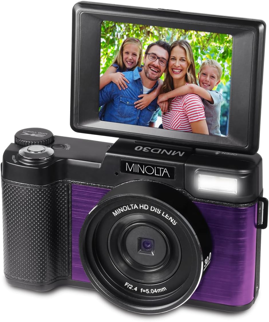 Minolta 30MP Digital Camera – 2.7K Ultra HD Video, 3-inch 180° LCD Screen, Face Detection, Anti-Shake, 9 Scene Modes, Photo Burst, Panorama, CMOS Sensor, 32GB Card (Purple)