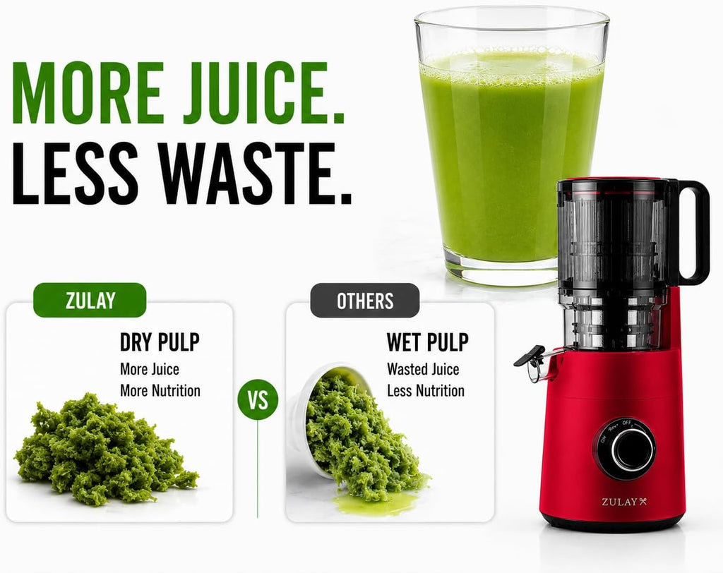 Zulay Kitchen Juicer Machine with 5' Wide Feed Chute, Cold Press Slow Masticating Juicer for Whole Fruits & Vegetables, Easy to Clean Stainless Steel Blades, High Juice Yield - Red