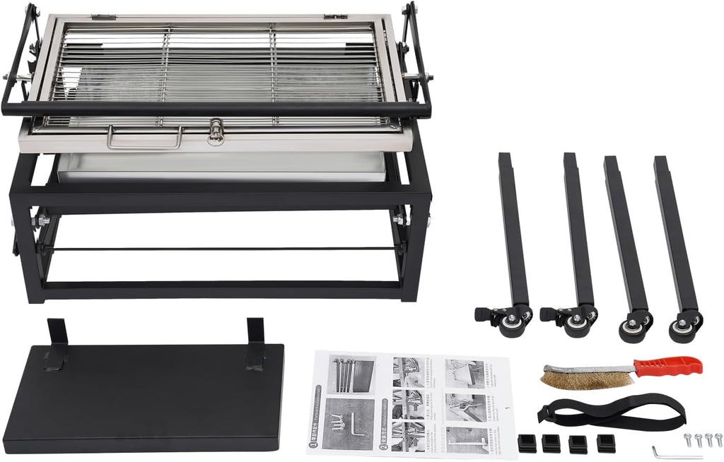 Portable charcoal-fired flip-grill barbecue rack, black outdoor camping barbecue grill, featuring a 360-degree flip-grill cooking grid, removable tray, and adjustable steel frame