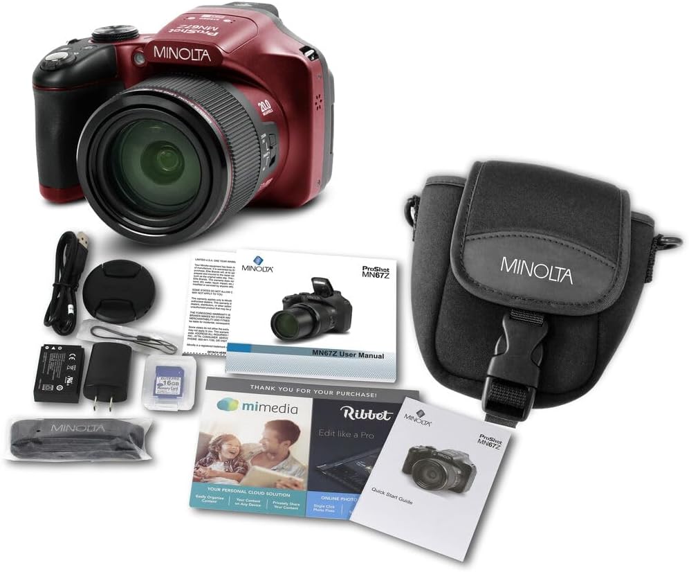 MINOLTA MN67Z 20 MP / 1080P FHD Bridge Digital Camera w/67x Optical Zoom (Red) Bundle with 32GB Memory Card + Camara Bag + Cleaning Kit + Vlogging Tripod + Accessories