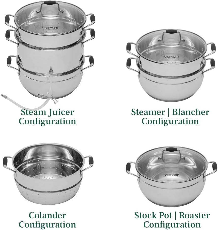 VINEYARD Deluxe Stainless Steel Steam Juicer & Roaster Set - Induction Friendly, Tempered Glass Lid, Cool-Touch Handles, 8 Quart Capacity