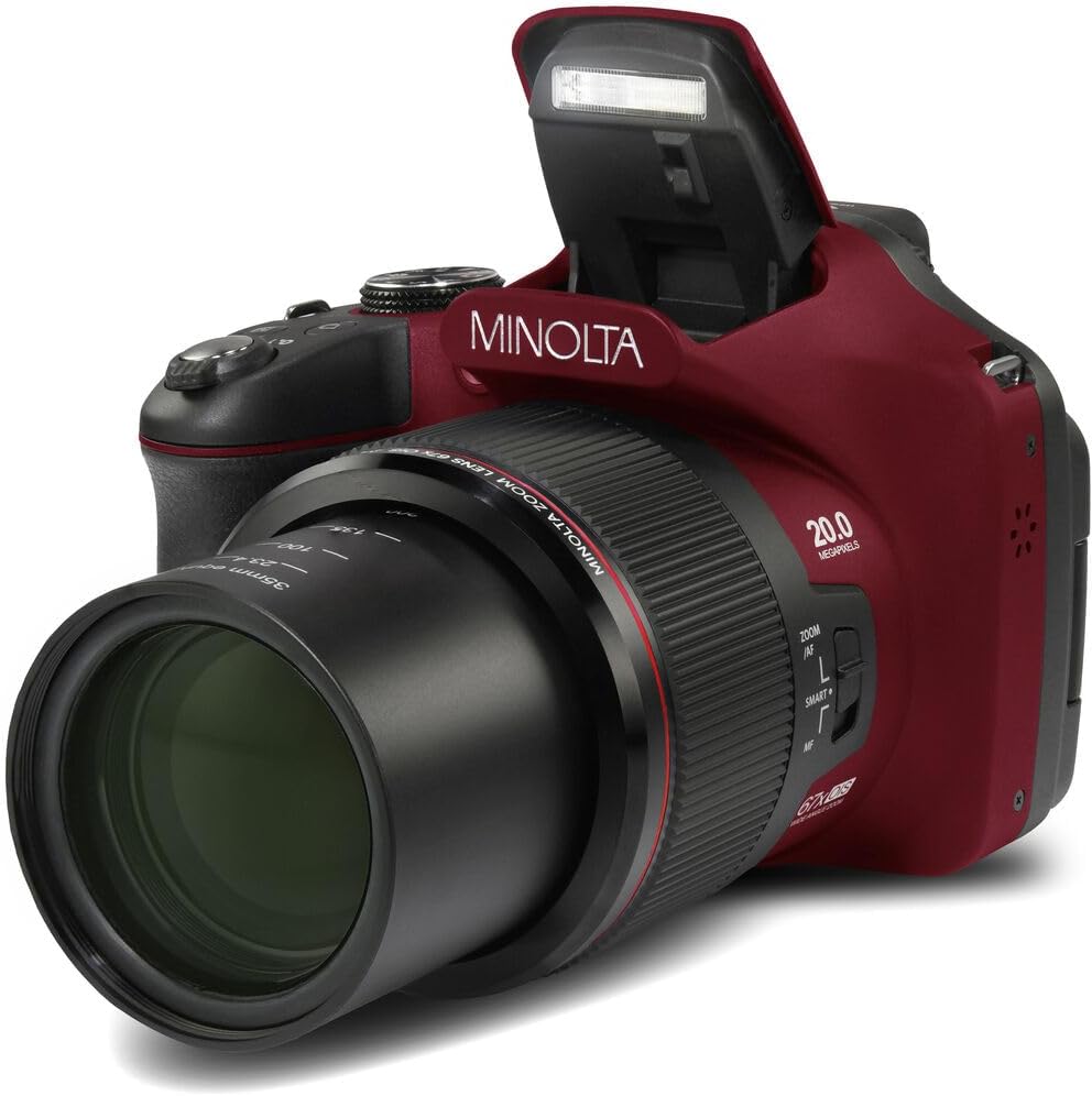 MINOLTA MN67Z 20 MP / 1080P FHD Bridge Digital Camera w/67x Optical Zoom (Red) Bundle with 32GB Memory Card + Camara Bag + Cleaning Kit + Vlogging Tripod + Accessories