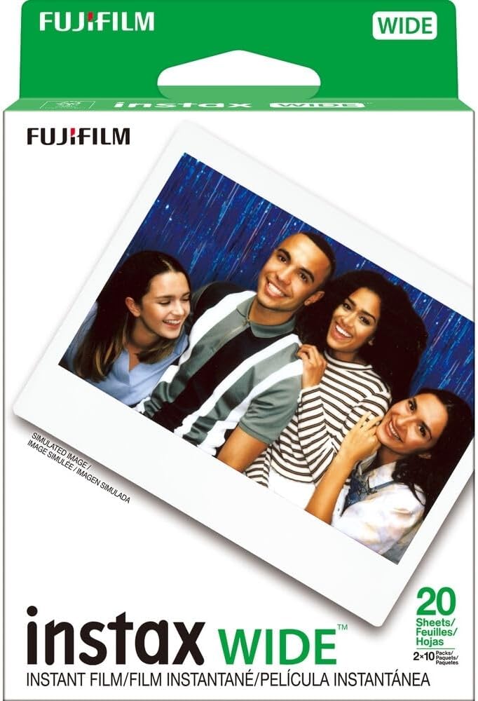 FUJIFILM INSTAX Wide EVO Hybrid Instant Camera | Black Bundle with 10 Exposures of Brushed Metallics Film + 20 Exposures of Film + Photo Album & Colored Frames + Cleaning Cloth (5 Items)