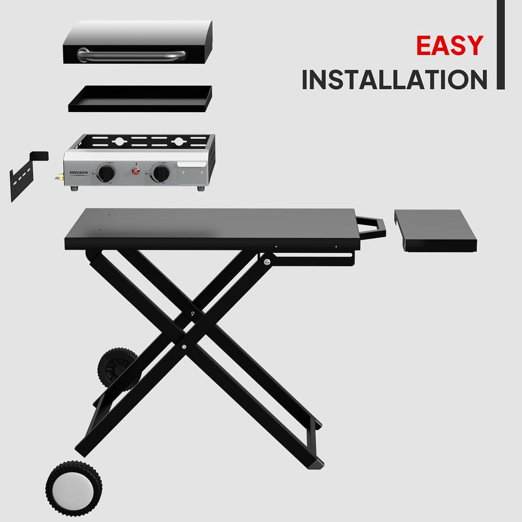 ROVSUN 20000 BTU Foldable Flat Top Gas Grill with Cart, Enameled Tray & Lid, 2 Burner Portable Rolling Propane Griddle with Electronic Ignition & Regulator for Outdoor Cooking Camping BBQ Tailgating
