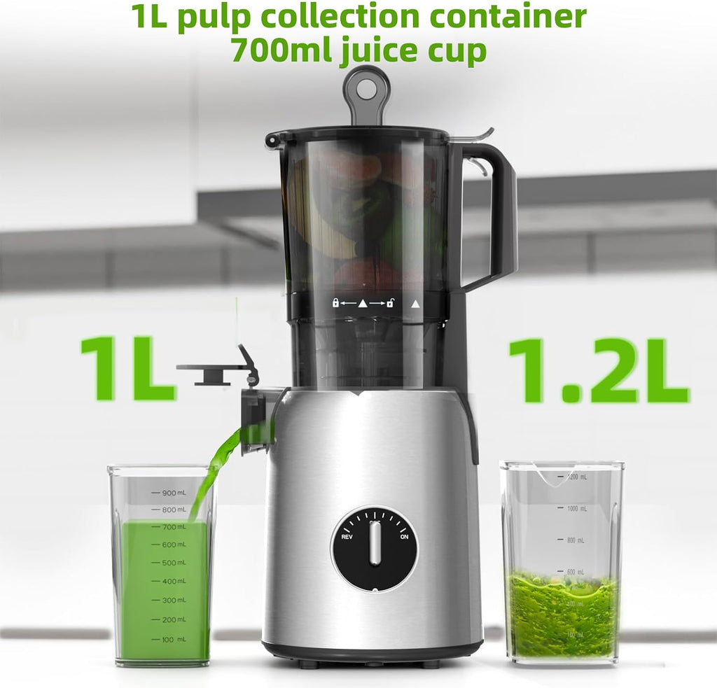 Crzoe 300W Cold Press Juicer with a 5.4 Wide Feed Chute for Whole Fruits and Vegetables,Vintage knob,Slow Masticating juicer, Easy to Clean and High juice Yield,Cylindrical body,Stainless Steel