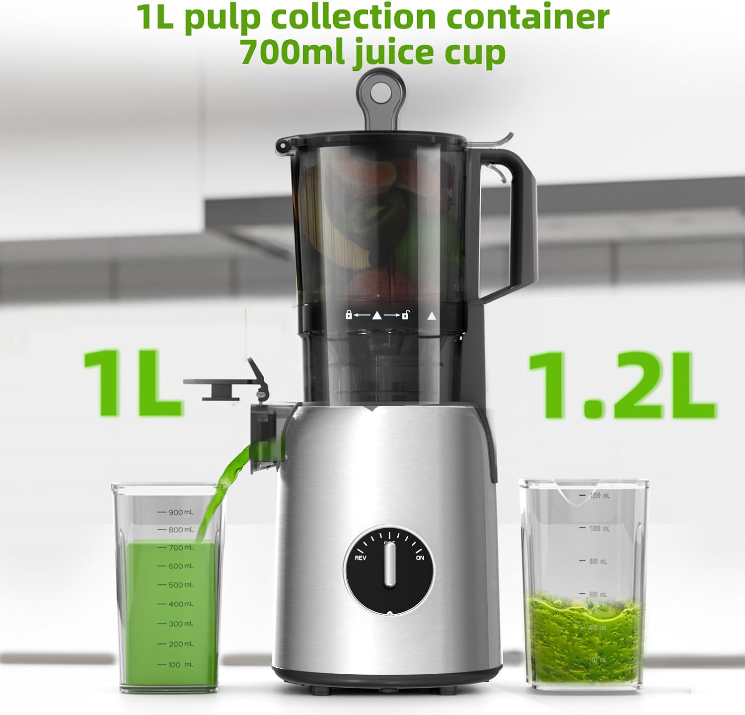 Crzoe 300W Cold Press Juicer with a 5.4 Wide Feed Chute for Whole Fruits and Vegetables,Vintage knob,Slow Masticating juicer, Easy to Clean and High juice Yield,Cylindrical body,Stainless Steel