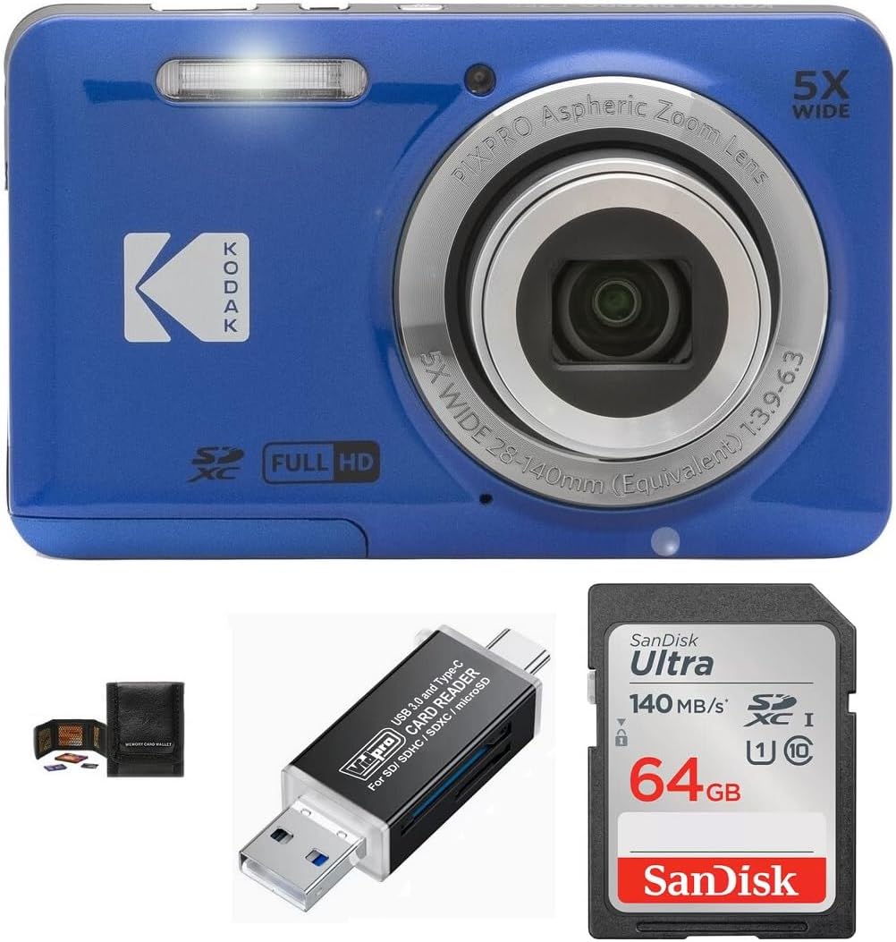 KODAK PIXPRO FZ55 Digital Camera Bundle, Includes: SanDisk 64GB SDXC Memory Card, SD Card Reader Compatible with Computers and Smartphones and Memory Card Wallet (4 Items) (Blue)
