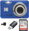 KODAK PIXPRO FZ55 Digital Camera Bundle, Includes: SanDisk 64GB SDXC Memory Card, SD Card Reader Compatible with Computers and Smartphones and Memory Card Wallet (4 Items) (Blue)