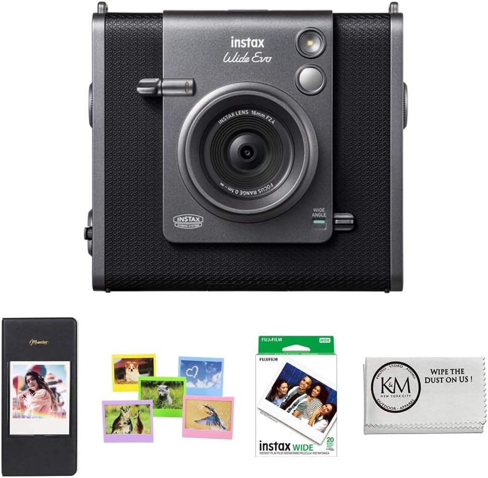 FUJIFILM INSTAX Wide EVO Hybrid Instant Camera | Black Bundle with 20 Exposures Wide Instant Film + Wide Album & Colored Frames + Cleaning Cloth (4 Items)