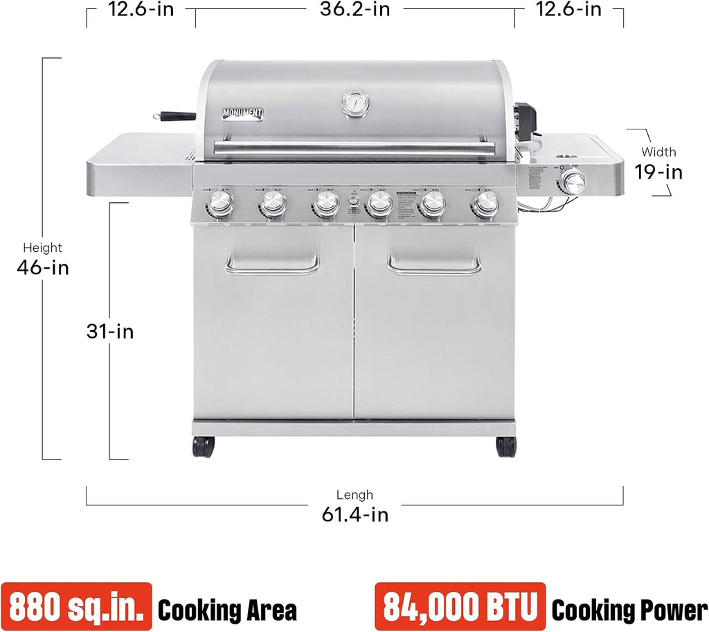 Monument Grills 77352 6+1 Burner Stainless Steel Cabinet Style Propane Gas Grill with Knob Controls, Side Burner, Built-In Thermometer, and Rotisserie Kit