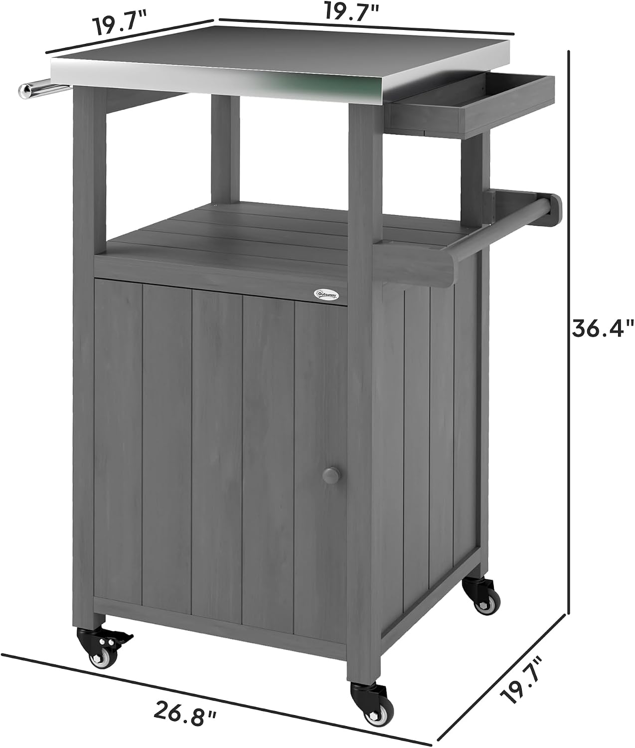 Outsunny Outdoor Grill Cart with Wheels, Stainless Steel Top, Solid Wood Outdoor Kitchen Island with Storage Cabinet, Integrated Hole, Movable Bar Cart with Spice Rack, Side Handle for BBQ, Dark Gray