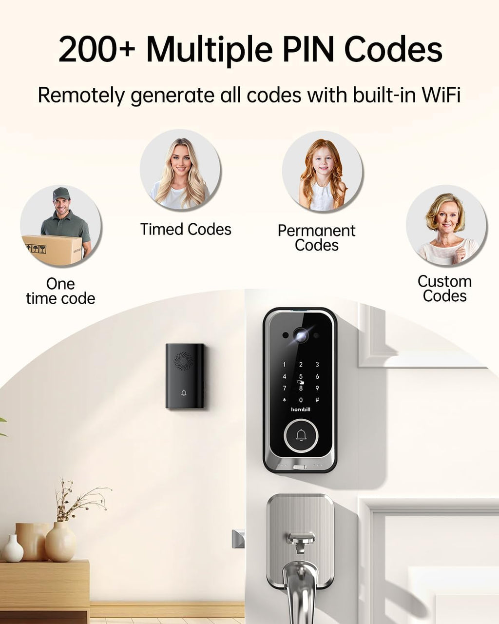 Hornbill Video Smart Lock with Camera: 10-in-1 Ring+2K Camera+Doorbell+Fingerprint Keyless Entry Door Lock, Built-in WiFi Deadbolt(only 2.4G), Two-Way Audio/App Remote Control/PIR, Satin Nickel