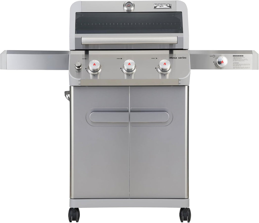 Monument Grills Mesa Series, 3+1 Outdoor Barbecue Stainless Steel Propane Gas Grill, 3 Burners & 1 Side Burner 48,000 BTU Patio Garden Grill with Knob Controls, Mesa305