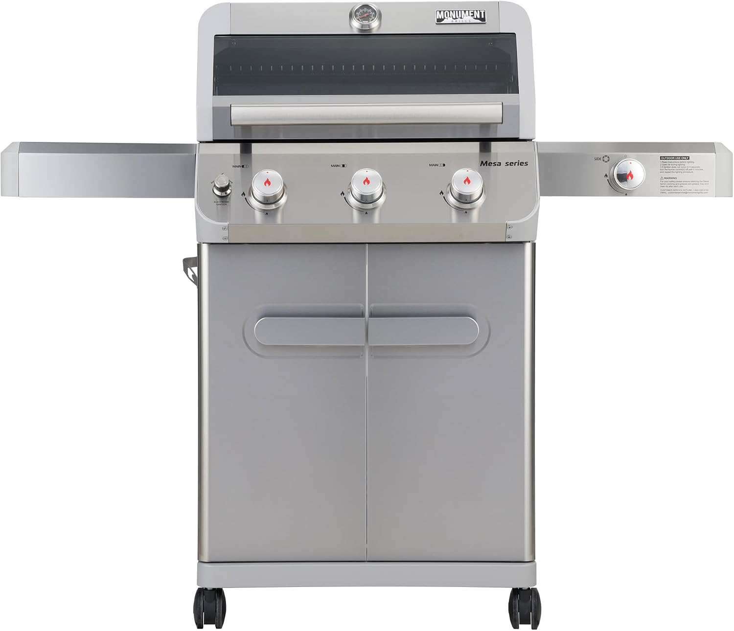 Monument Grills Mesa Series, 3+1 Outdoor Barbecue Stainless Steel Propane Gas Grill, 3 Burners & 1 Side Burner 48,000 BTU Patio Garden Grill with Knob Controls, Mesa305