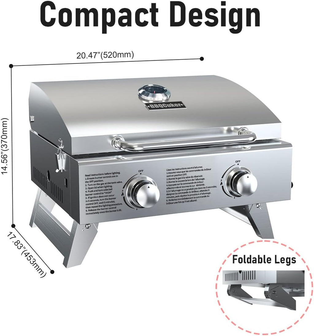 BBQCuker Portable Propane Gas Grill 2-Burner Tabletop with Foldable Legs for Outdoor Camping Cooking Two 10,000 BTU Burners Stainless Steel, and Built-in Thermometer Chef's Style