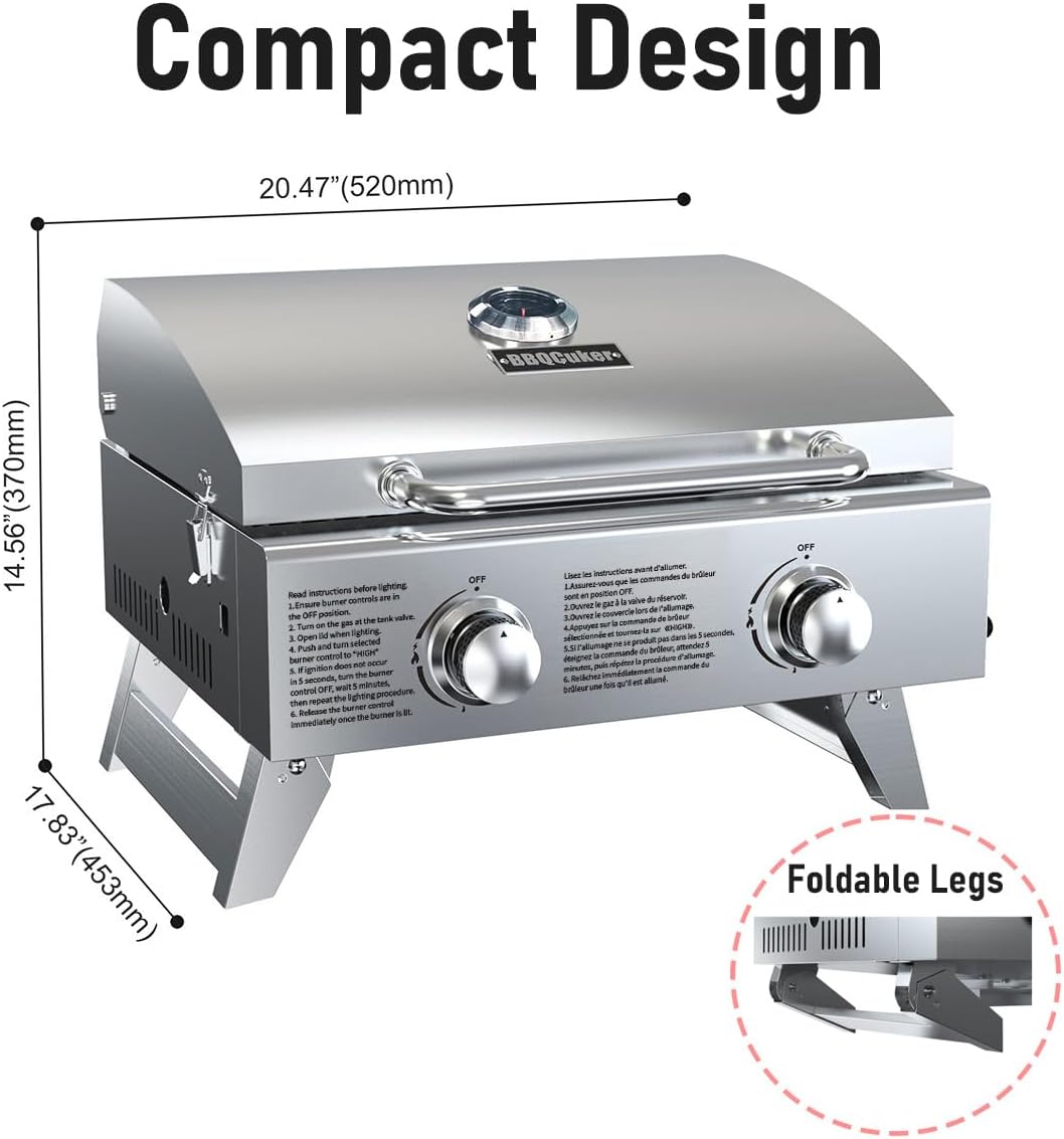 BBQCuker Portable Propane Gas Grill 2-Burner Tabletop with Foldable Legs for Outdoor Camping Cooking Two 10,000 BTU Burners Stainless Steel, and Built-in Thermometer Chef's Style