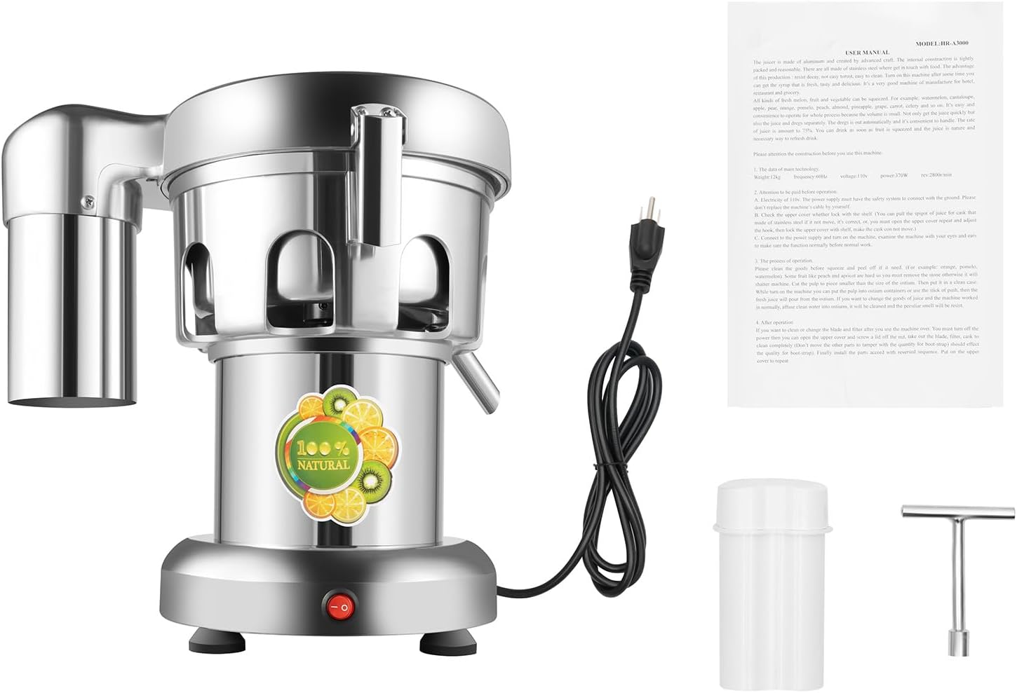 Juice Extractor, 370W 110V Commercial Electric Juicer Machine Fruit Vegetable Juice Extractor Stainless Steel Centrifugal Juicer Machine w/Push Rod for Families, Restaurants, Cafes