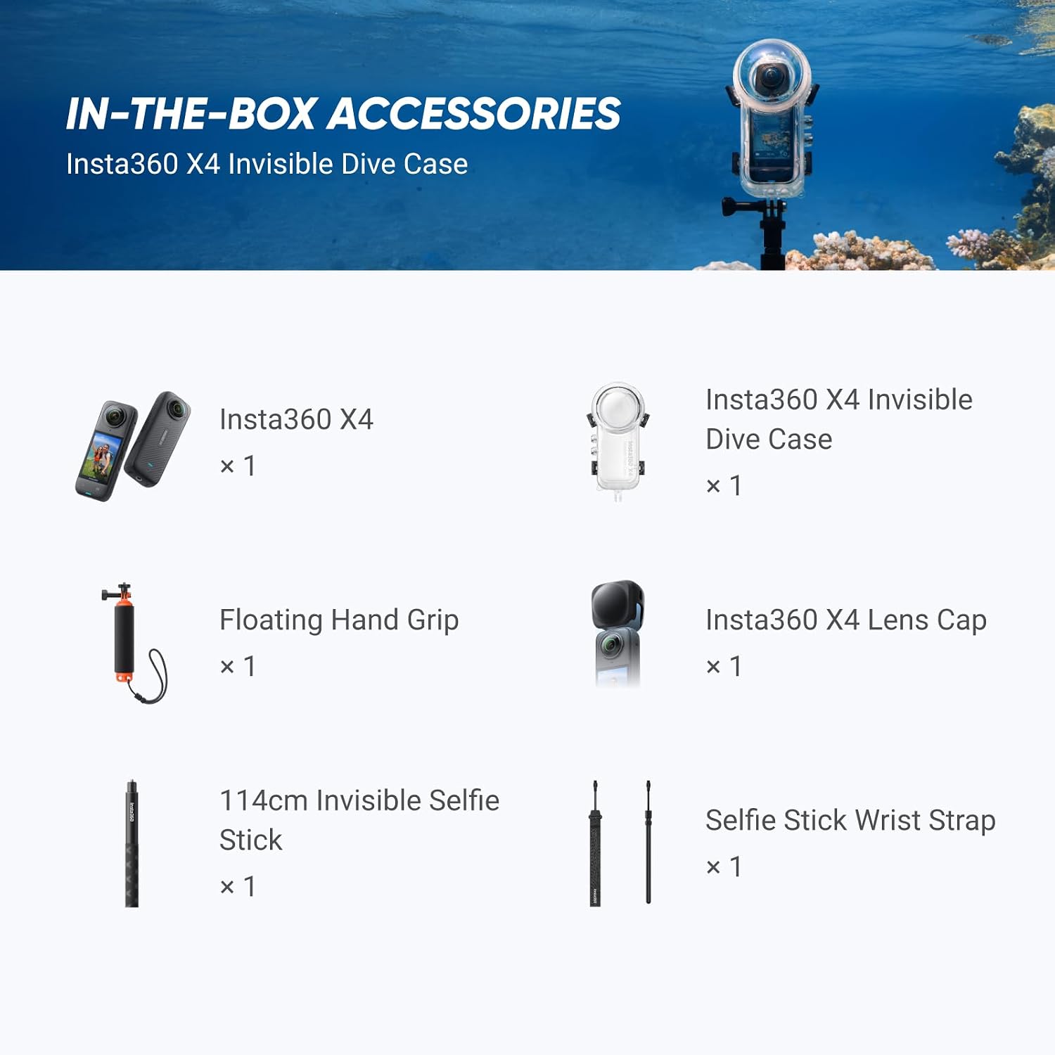 Insta360 X4 Invisible Dive Bundle - 8K Waterproof 360 Action Camera, 4K Wide-Angle Video, Invisible Selfie Stick, Removable Lens Guards, 135 Min Battery Life, AI Editing, Stabilization