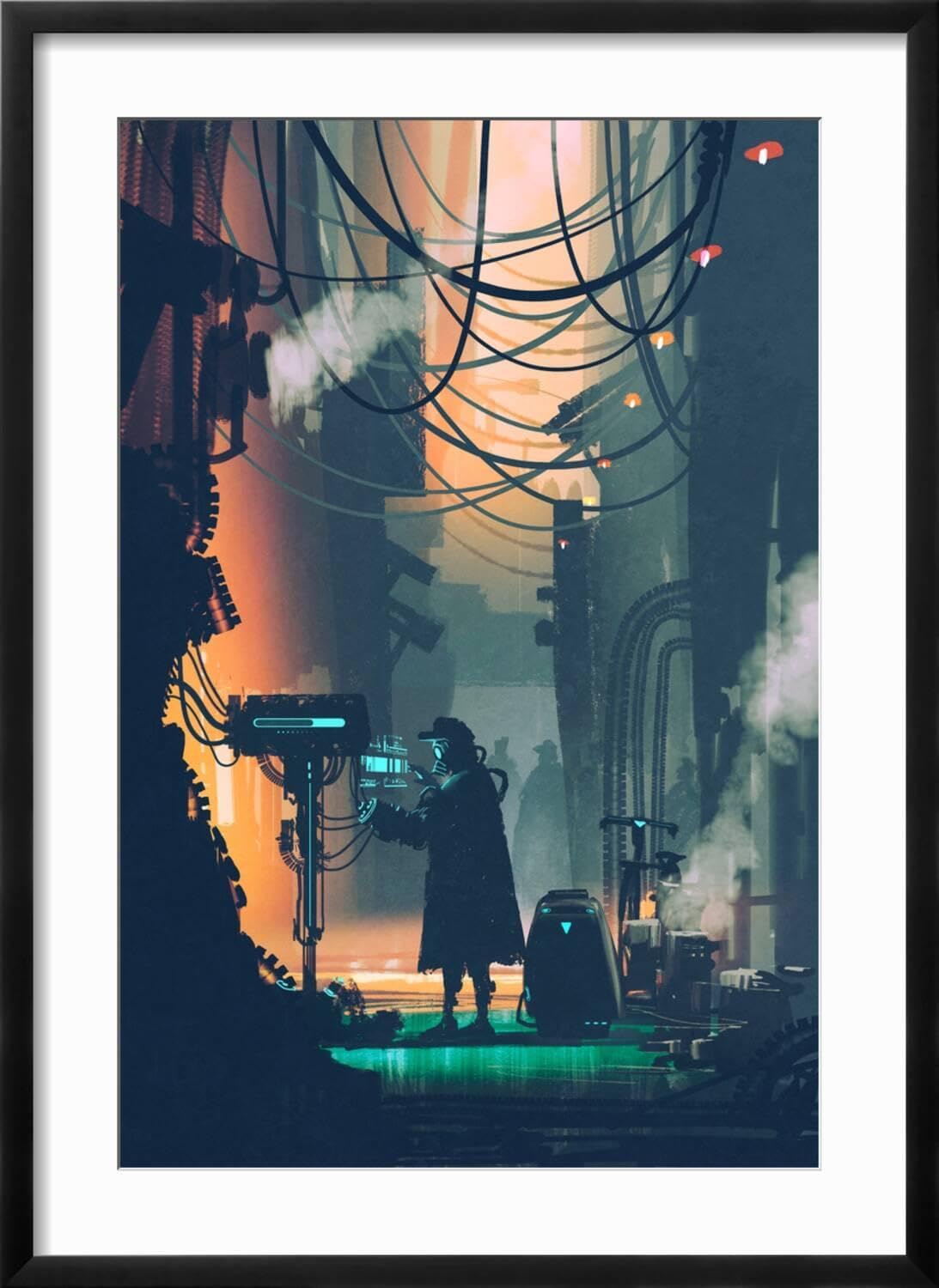 ART.COM Wall Art Print Sci-Fi Scene of Robot Using Futuristic Computer in City Street,Illustration Painting on Black Frame by Tithi Luadthong, 21' x 29'