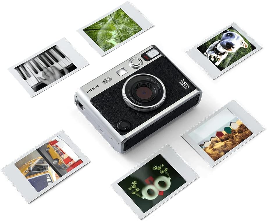 FUJIFILM INSTAX MINI EVO Hybrid Instant Camera + Fuji Instax Film Value Pack (20 Sheets) 32GB Accessories Bundle 5 Plastic Desk Frames + 10 Paper Frames Plus 60 Sticker Frames