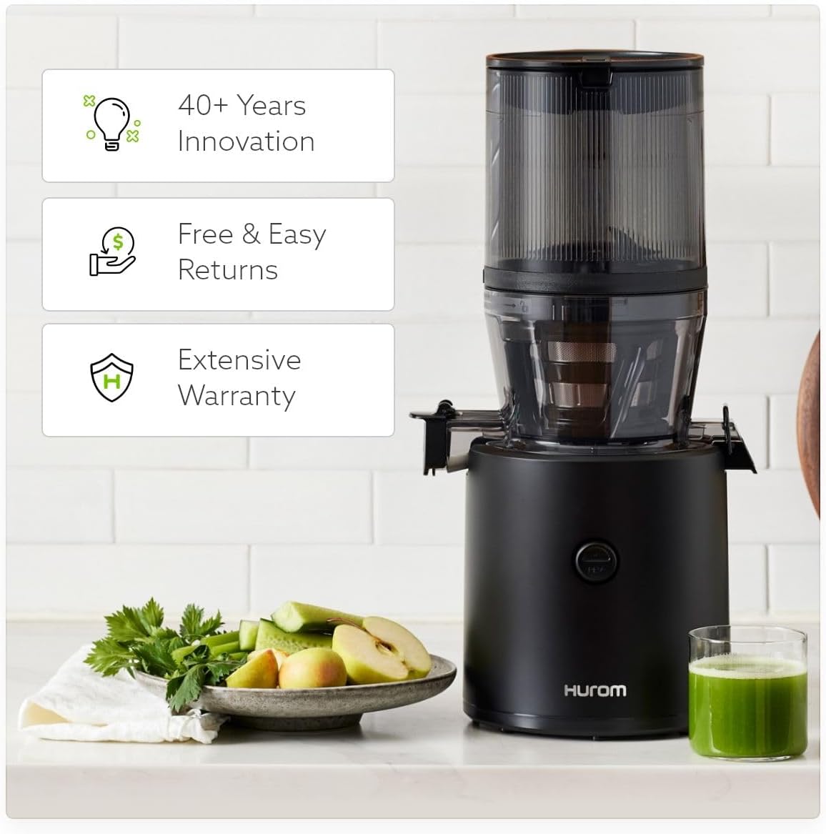 Hurom H320 Cold Press Juicer Machine, Easy to Clean Masticating Slow Juicer, Coarse Strainers, Self-Feeding, Hands Free, Family Size, Quiet Motor, Easy Assembly (Black)