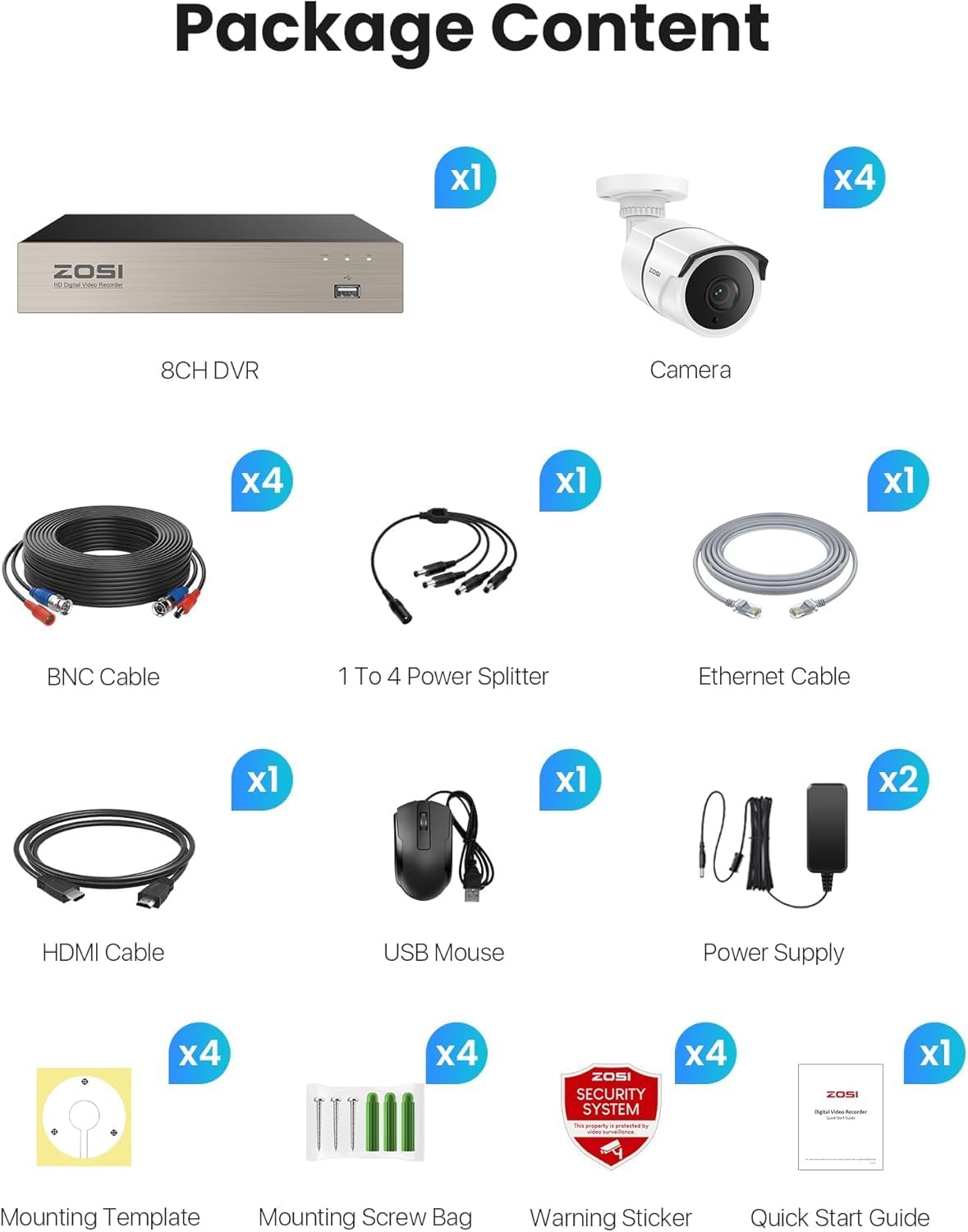 ZOSI 8CH 3K Lite Home Security Camera System, AI Human/Vehicle Detection, 120ft Night Vision, 4pcs 1080P Metal Weatherproof Cameras with Audio, H.265+ 8Channel DVR with 1TB HDD for 24/7 Recording