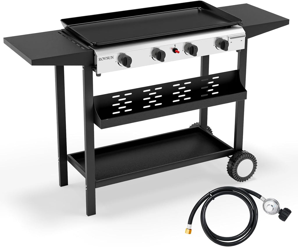 ROVSUN 4 Burner Portable Propane Griddle with Electronic Ignition, 40000 BTU Rolling Flat Top Gas Grill with Nonstick Enameled Tray, Side Shelves & Regulator for Outdoor Cooking Camping BBQ Tailgating