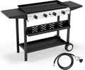 ROVSUN 4 Burner Portable Propane Griddle with Electronic Ignition, 40000 BTU Rolling Flat Top Gas Grill with Nonstick Enameled Tray, Side Shelves & Regulator for Outdoor Cooking Camping BBQ Tailgating