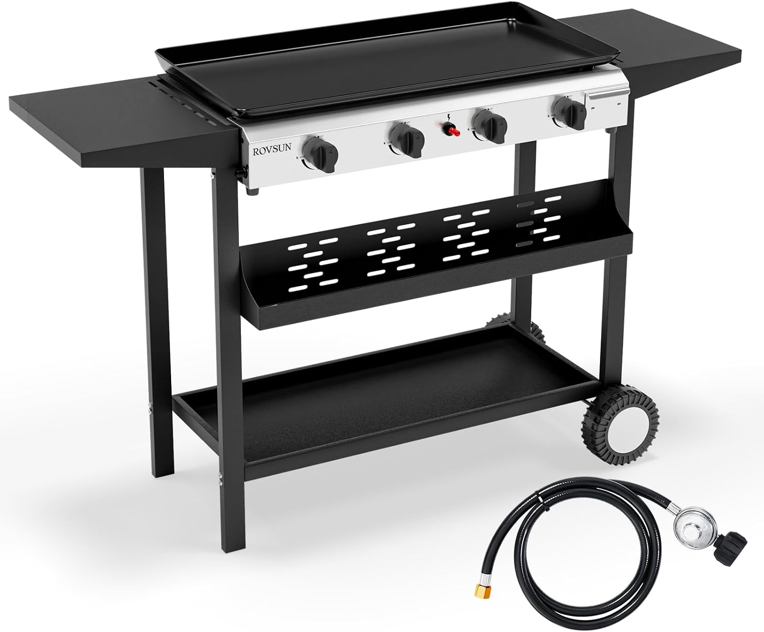 ROVSUN 4 Burner Portable Propane Griddle with Electronic Ignition, 40000 BTU Rolling Flat Top Gas Grill with Nonstick Enameled Tray, Side Shelves & Regulator for Outdoor Cooking Camping BBQ Tailgating