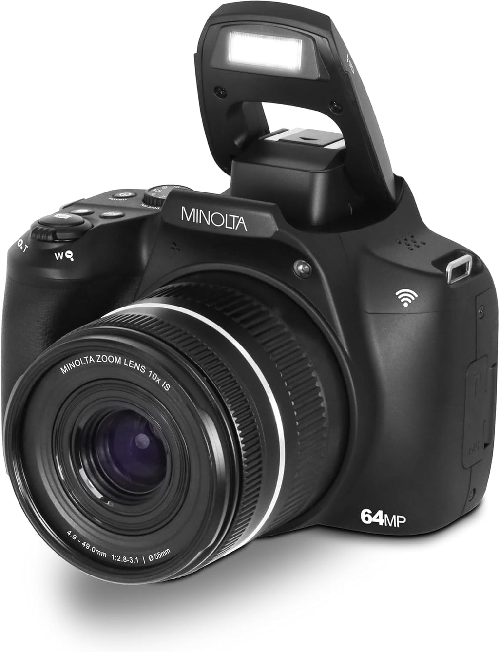 Minolta 64 Mega Pixels Auto Focus Digital Camera with 10x Optical Zoom, 4K Ultra HD Video and Macro Shooting, Bundle with 32 GB Memory Card + Vlogging Tripod + Cleaning kit + More Accessories - Black