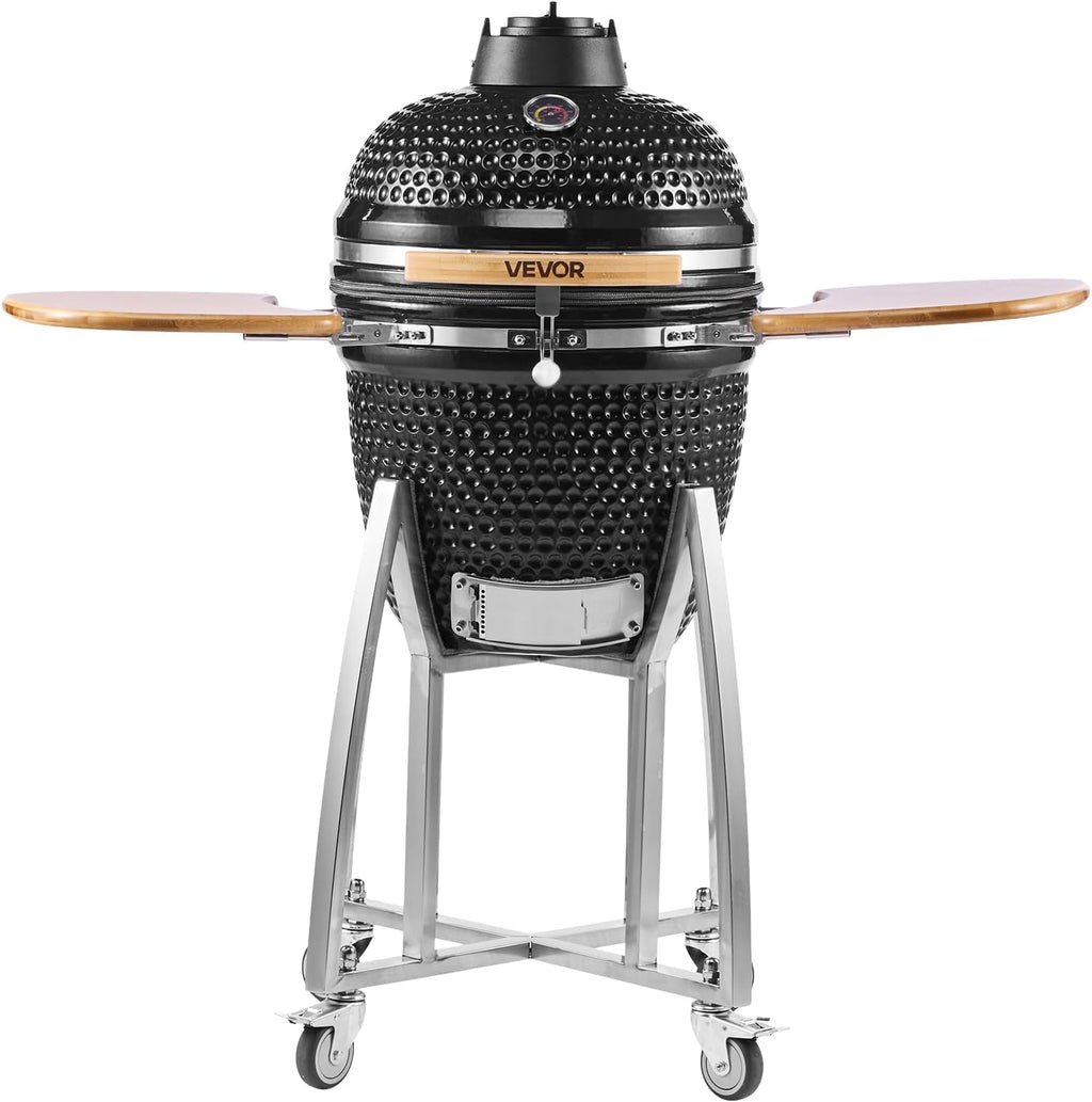 VEVOR Charcoal Smoker and Grill, 18' Kamado Charcoal BBQ Smoker, Movable Ceramic Barbecue Grill with 4 Wheels (2 Lockable), Built-in Thermometer, Air Vents & Side Shelf for Outdoor Patio Yard Cooking