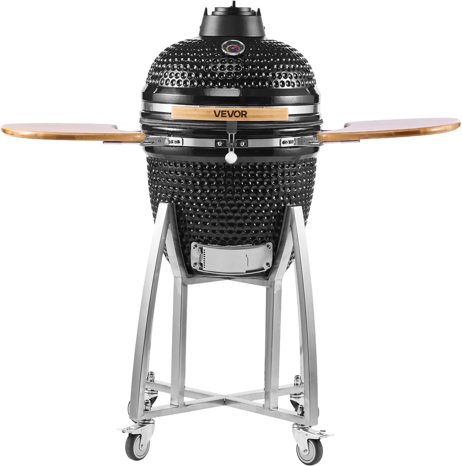 VEVOR Charcoal Smoker and Grill, 18' Kamado Charcoal BBQ Smoker, Movable Ceramic Barbecue Grill with 4 Wheels (2 Lockable), Built-in Thermometer, Air Vents & Side Shelf for Outdoor Patio Yard Cooking