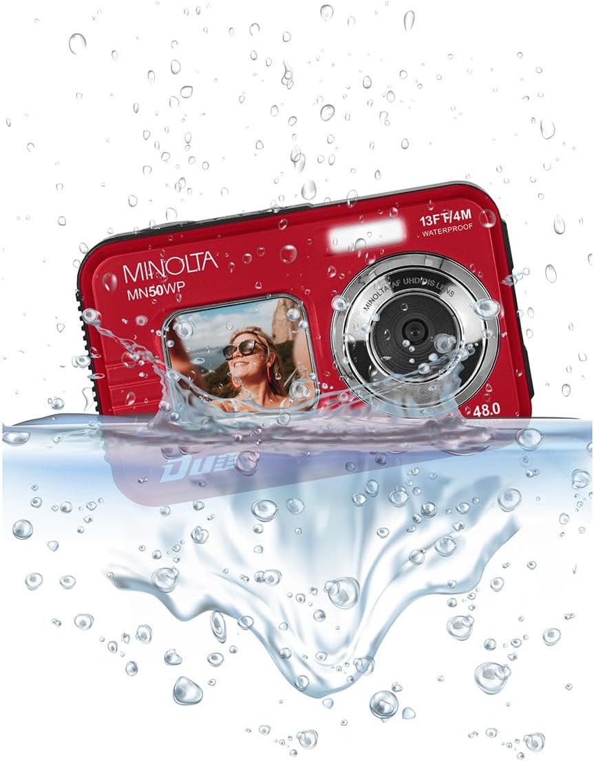 Minolta 48MP Underwater Digital Camera – 5K Ultra HD Video, Autofocus, 16x Digital Zoom, Dual LCD Screens, Selfie Front Screen, Waterproof to 13ft, Rechargeable Battery, 32GB Card (Red)