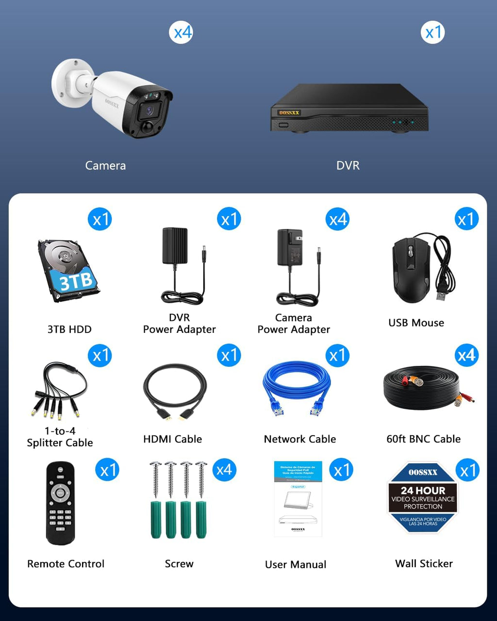 (90 Days Storage) 5MP Wired Security Camera System Outdoor, 8CH DVR with 3TB HDD, 4 x 122° Wide Angle Home Surveillance Cameras, Up to 90 Days Recording, IP67 Waterproof, Free App No Monthly Fee