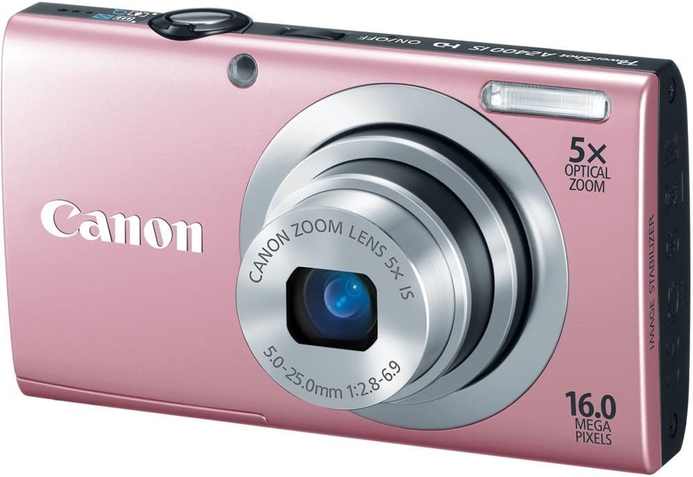 Canon PowerShot A2400 is 16.0 MP Digital Camera with 5X Optical Image Stabilized Zoom 24mm Wide-Angle Lens with 1080p Full HD Video Recording and 3.2-Inch Touch Panel LCD (Pink)