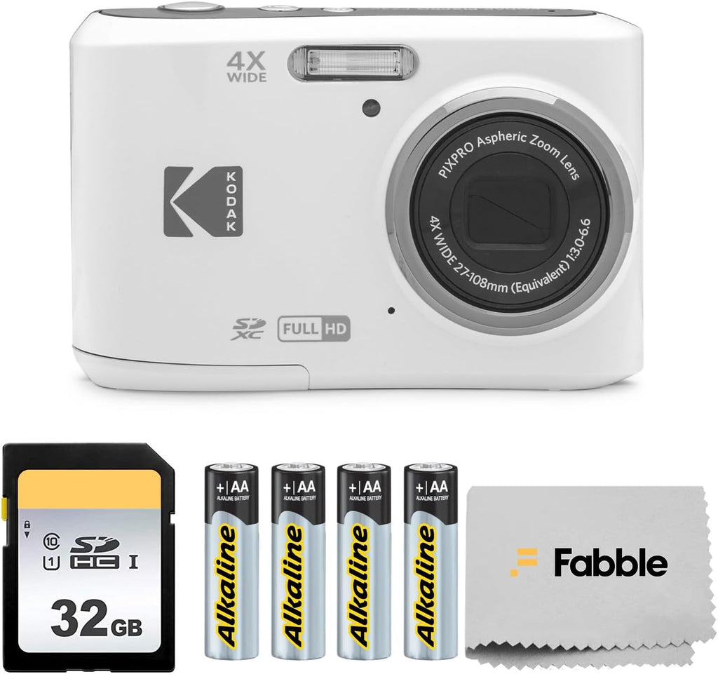 KODAK PIXPRO FZ45 16MP Digital Camera with 4X Optical Zoom 27mm Wide Angle and 2.7' LCD Screen Bundle with 32GB SD Memory Card, AA Batteries (4 Pack), Lens Cleaning Cloth (White)
