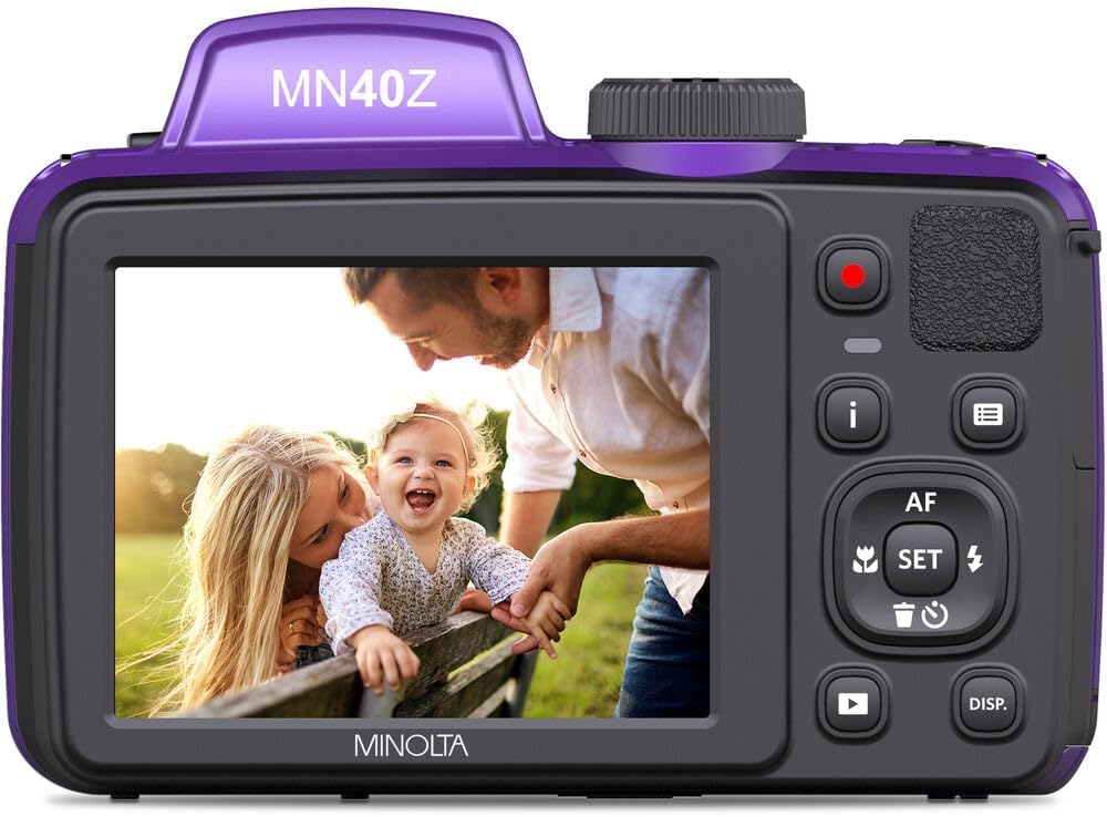 MINOLTA MN40Z 20 Mega Pixels 40x Optical Zoom Digital Camera with 1080p FHD Video (Purple) Bundle with 64GB Memory Card + Vlog Tripod + 4xAA Battery with Charger + Accessories
