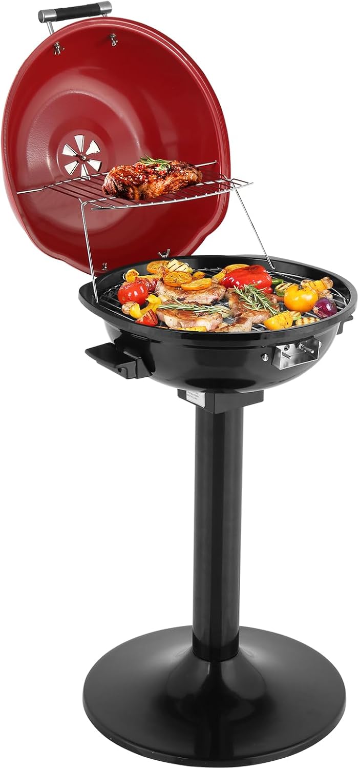 Electric BBQ Grill with Stand, 1600W Portable Indoor Outdoor Electric Grill with Lid and Warming Rack, Double Layer Design, Adjustable Temperature Control, Fits 10 Burgers, Backyard Cooking Red
