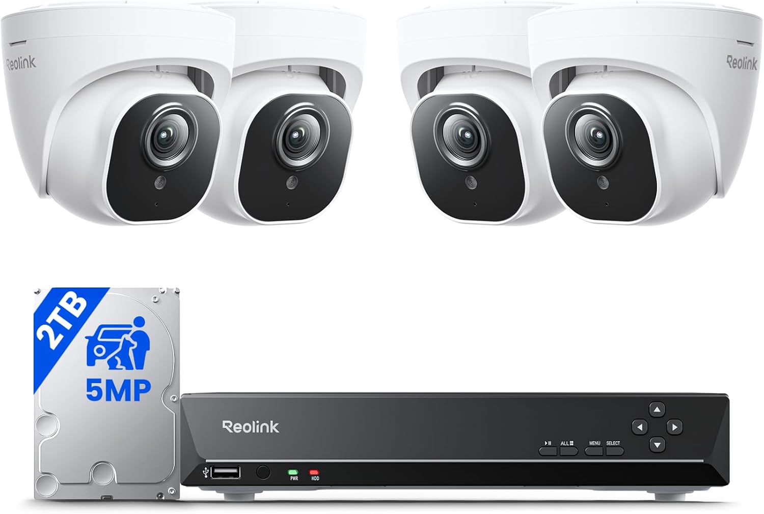 REOLINK Smart 5MP 8CH Home Security Camera System, 4pcs Wired PoE IP Cameras Outdoor with Person/Pet/Vehicle Detection, 4K 8CH NVR with 2TB HDD for 24-7 Recording, RLK8-520D4-5MP