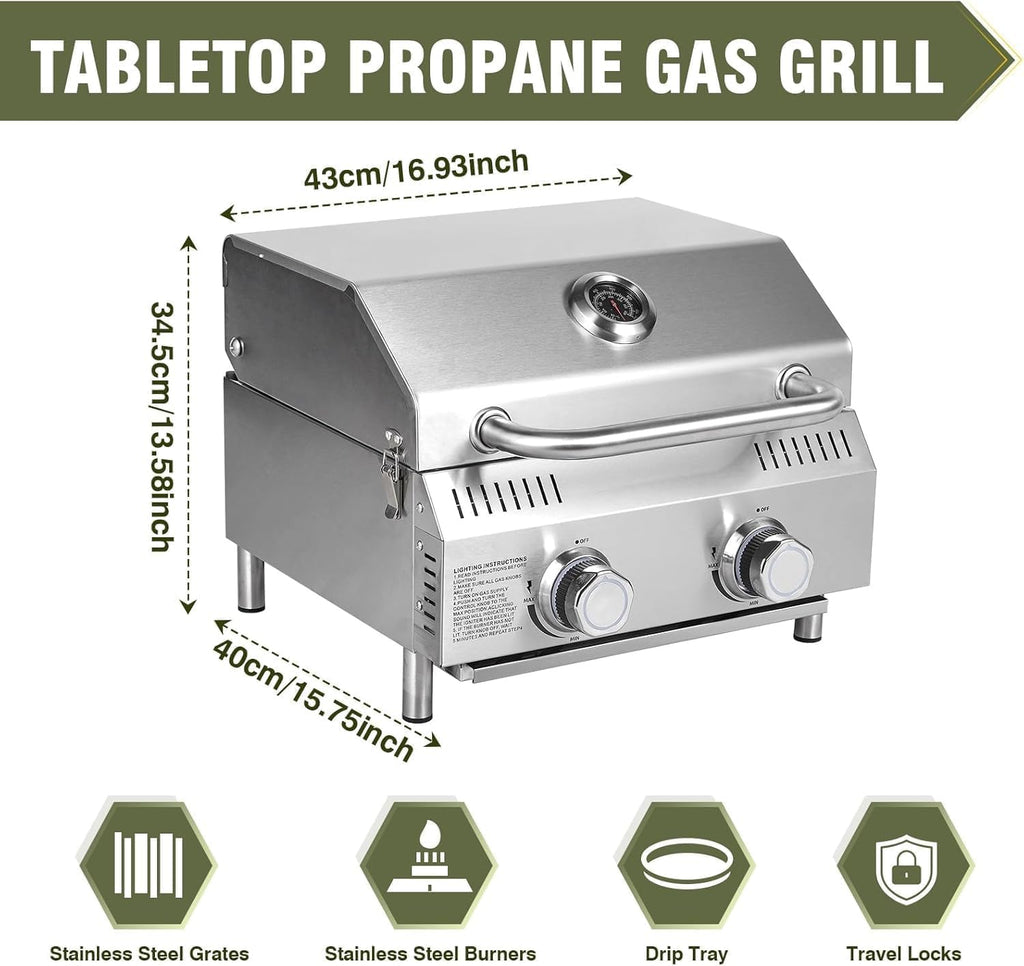 Llamaviva 2-Burner Tabletop Gas Grill with Outdoor Table, Portable Stainless Steel Cooking Station with Storage Shelves, Hooks, and Locking Wheels for Tailgating, Camping & Backyard BBQ