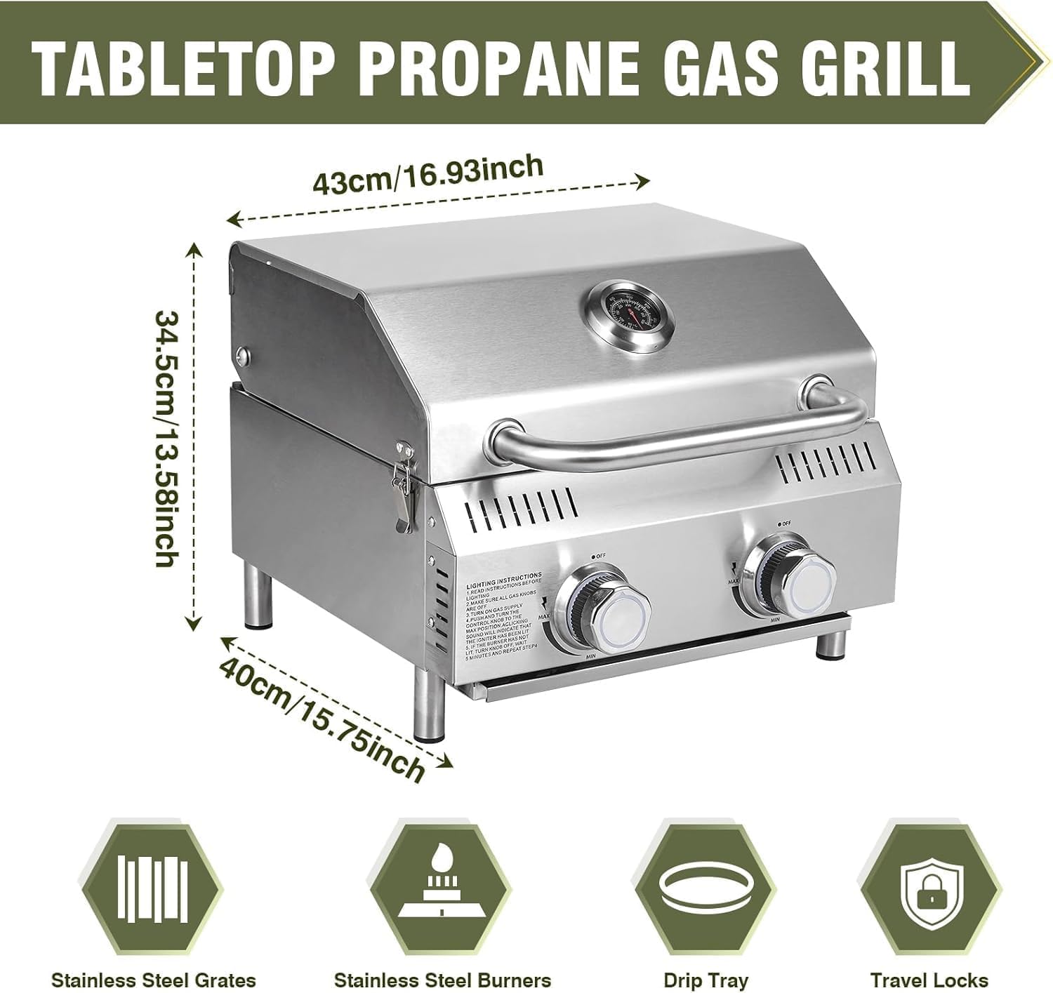 Llamaviva 2-Burner Tabletop Gas Grill with Outdoor Table, Portable Stainless Steel Cooking Station with Storage Shelves, Hooks, and Locking Wheels for Tailgating, Camping & Backyard BBQ