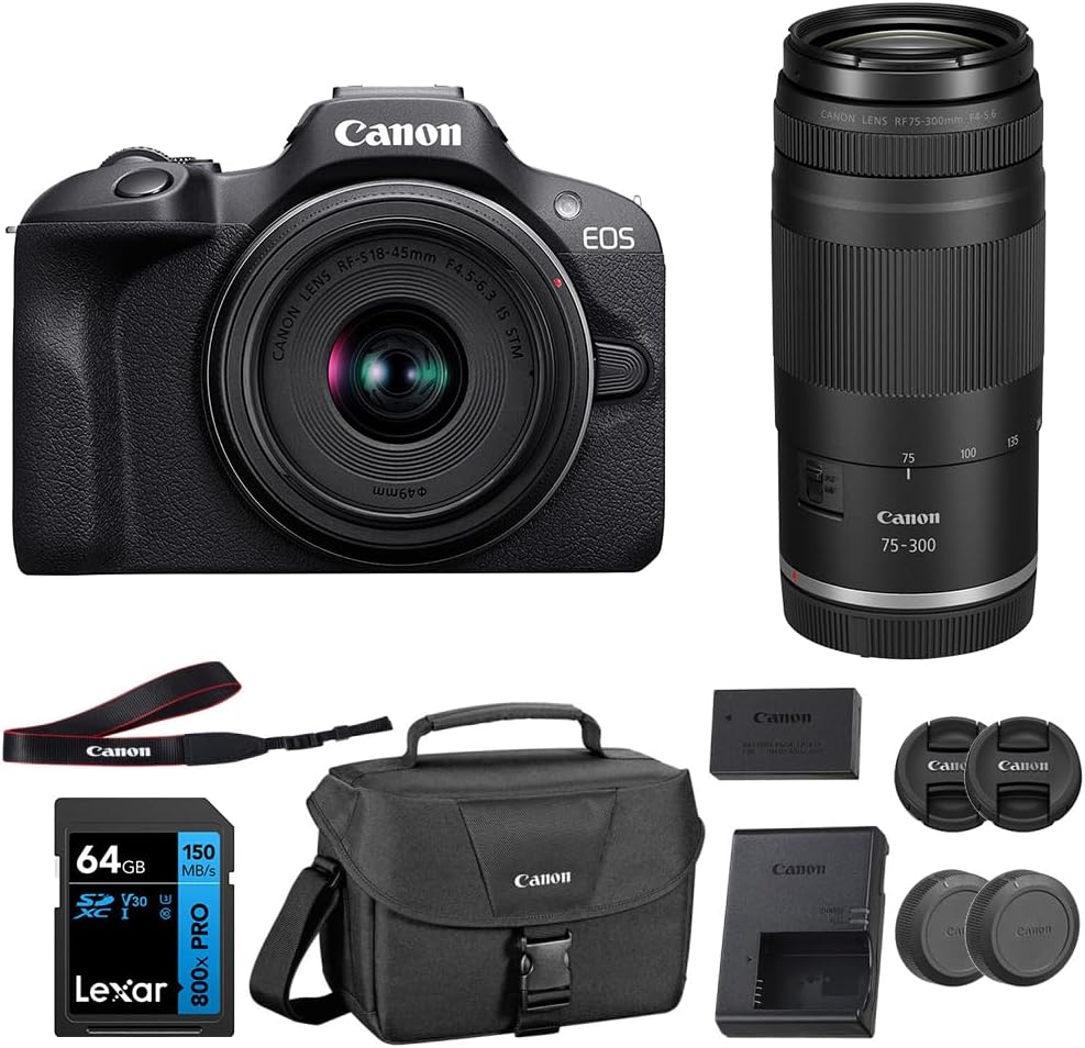 Canon EOS R100 Mirrorless Camera with 18-45mm and 75-300mm f/4-5.6 Lens Bundled with 64GB Memory Card & Camera Bag (3 Items)