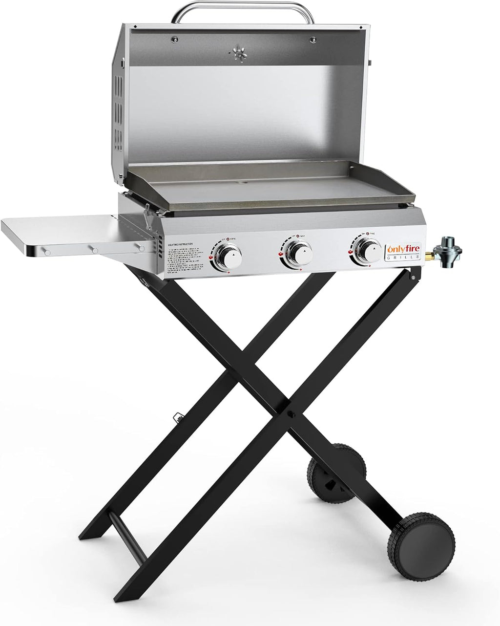 ONLYFIRE GRILLS Portable Propane Gas Griddle 3-Burner with Foldable Cart & Side Table, Flat Top Gas Grill Griddle Stove with Lid, for Outdoor Cooking Patio Backyard Camping RV Tailgating Beach, GS310