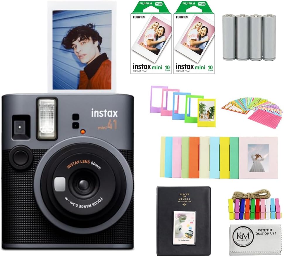 FUJIFILM INSTAX Mini 41 Instant Camera Bundle with Instax Mini Film | 20 Exposures + 4 Pack AA Batteries + Album, Borders, Stickers & Clips + Cleaning Cloth (5 Items)