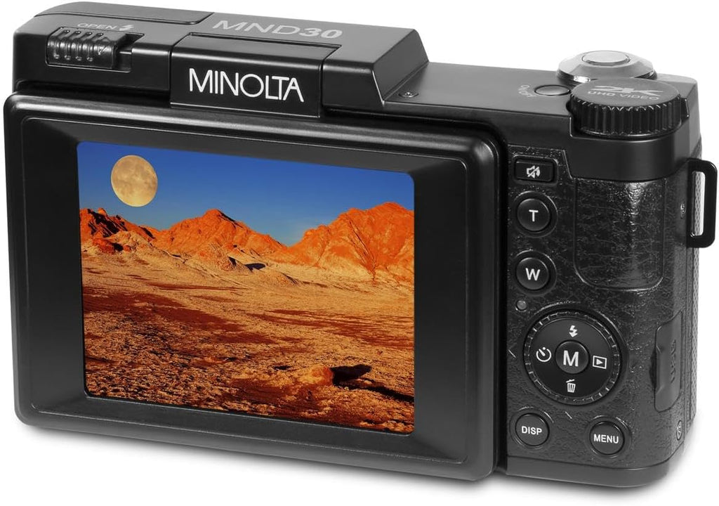 Minolta 30MP Digital Camera – 2.7K Ultra HD Video, 3-inch 180° LCD Screen, Face Detection, Anti-Shake, 9 Scene Modes, Photo Burst, Panorama, CMOS Sensor, 32GB Card (Red)