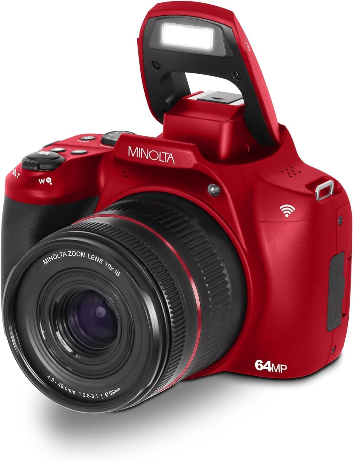 Minolta 64 Mega Pixels Auto Focus Digital Camera with 10x Optical Zoom, 4K Ultra HD Video and Macro Shooting, Bundle with 32 GB Memory Card + Vlogging Tripod + Cleaning kit + More Accessories - Red