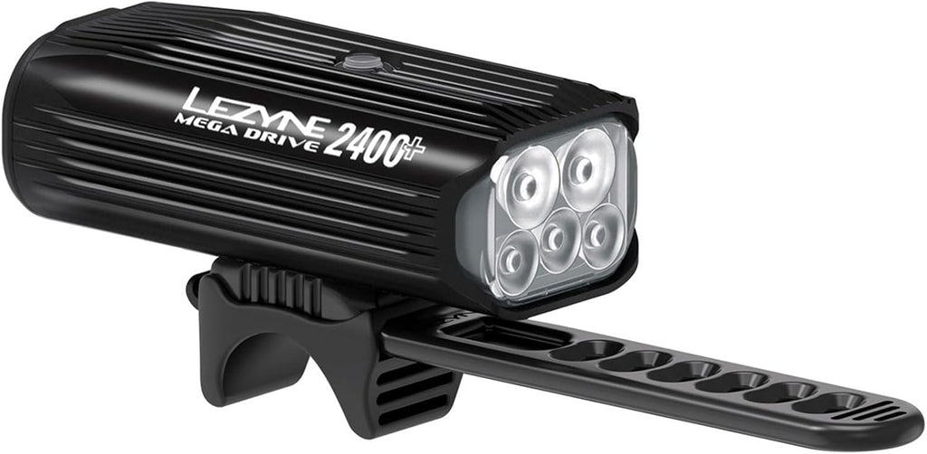 LEZYNE Mega Drive Bicycle USB Rechargeable Durable Weather-Resistant IPX7 White LED Front Light with Multiple Solid & Flash Modes | Integrated Silicone Rubber Strap Mount | 2400/1800 Lumens Options